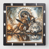 先住民の夢想:柳の日陰の黄昏 スクエア壁時計 (正面)