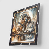 先住民の夢想:柳の日陰の黄昏 スクエア壁時計 (傾斜)