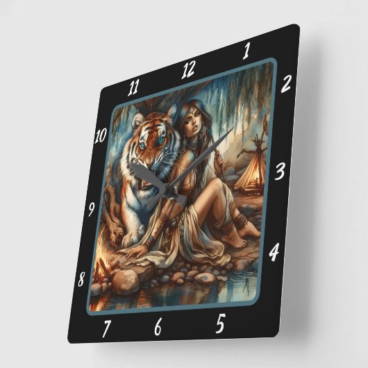 先住民の夢想:柳の陰の虎の平和 スクエア壁時計 (傾斜)