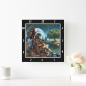 先住民の夢:イーグルの翼ムーンの輝き スクエア壁時計 (ホーム)