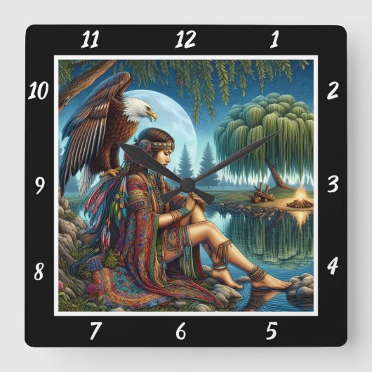 先住民の夢:イーグルの翼ムーンの輝き スクエア壁時計 (正面)