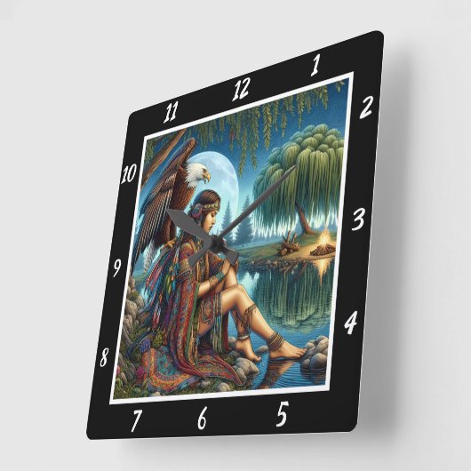 先住民の夢:イーグルの翼ムーンの輝き スクエア壁時計 (傾斜)