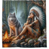 先住民の女と狼の川のそばに シャワーカーテン (正面)