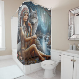 先住民の女と狼の川のそばに シャワーカーテン