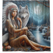 先住民の女と狼の川のそばに シャワーカーテン (正面)