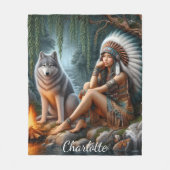 先住民の女と狼の川のそばに フリースブランケット (正面)