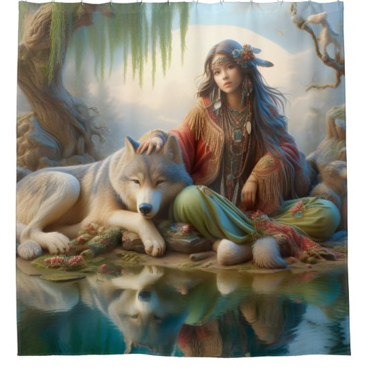 先住民の女の子が狼と一緒に楽しむ シャワーカーテン (正面)