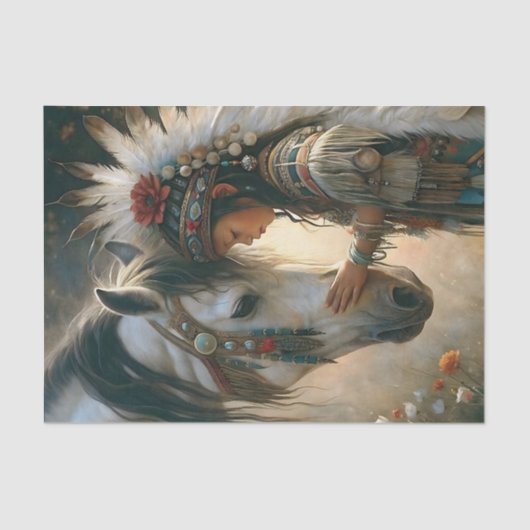 先住民の女の子と白い馬のデコップページ 薄葉紙 (正面)