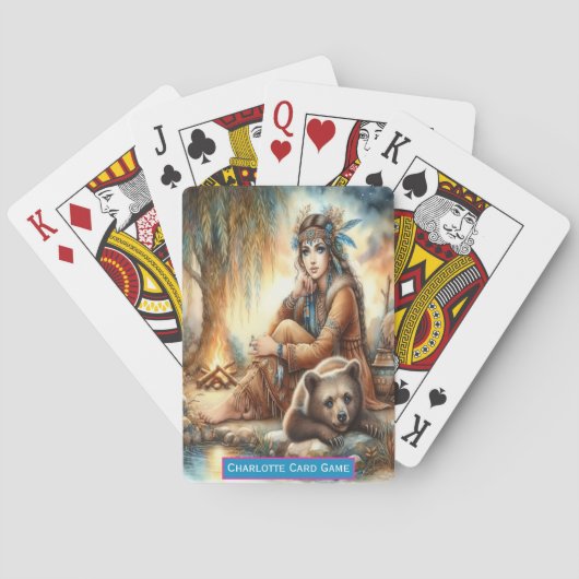 先住民の女性とクマのモノグラムの子供の古いメイドゲーム トランプ (裏面)
