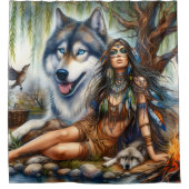 先住民の女性と狼の仲間 シャワーカーテン (正面)