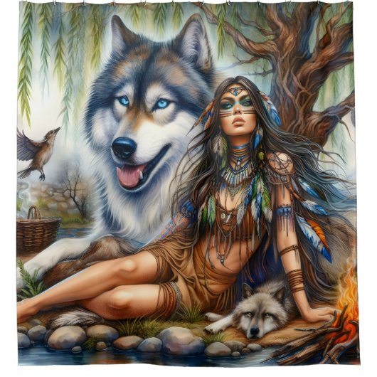 先住民の女性と狼の仲間 シャワーカーテン (正面)