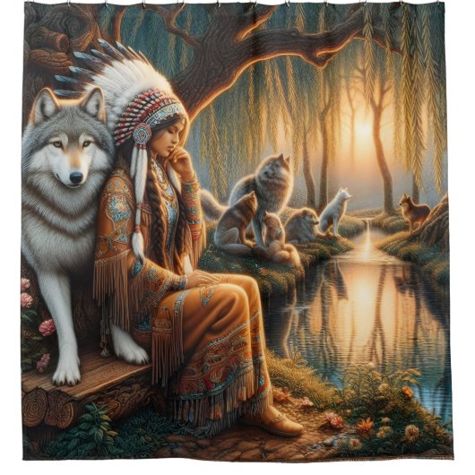 先住民の女性は夕暮れの湖に反射する シャワーカーテン (正面)