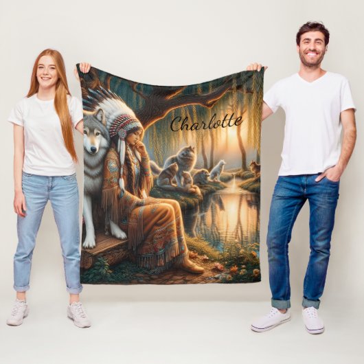 先住民の女性は夕暮れの湖に反射する フリースブランケット (インサイチュ)