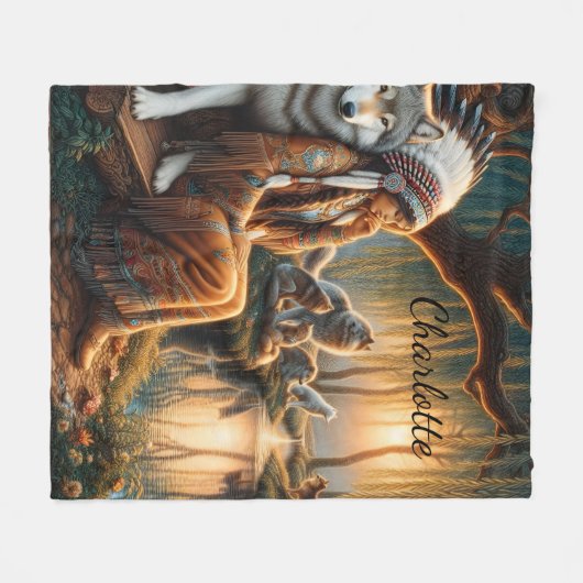 先住民の女性は夕暮れの湖に反射する フリースブランケット (正面(横))