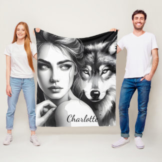 先住民の女性は気高い狼と結合 フリースブランケット