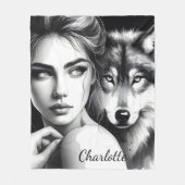 先住民の女性は気高い狼と結合 フリースブランケット (正面)