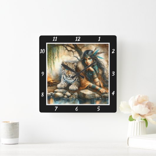 先住民の存在:タイガーの茎林の茂み スクエア壁時計 (ホーム)