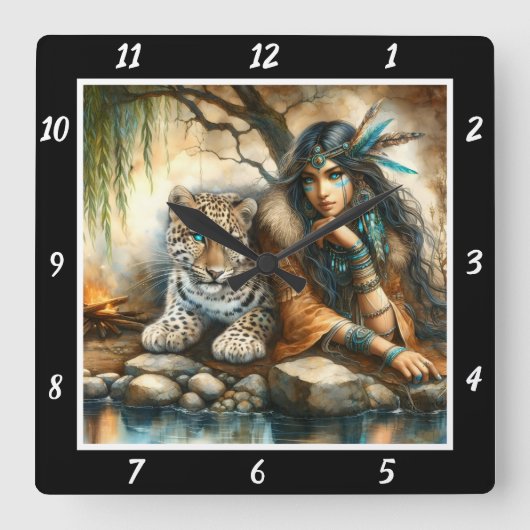 先住民の存在:タイガーの茎林の茂み スクエア壁時計 (正面)