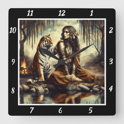先住民の孤独:タイガーの影ウィロー平和 スクエア壁時計 (正面)