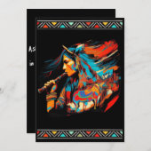 先住民の少女がフルートを演奏し馬がデザインされた招待状 招待状 (正面/裏面)