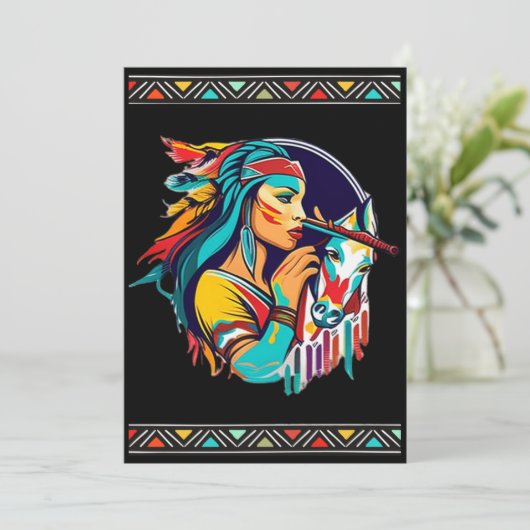 先住民の少女がフルートを演奏し馬がデザインされた招待状 招待状 (スタンド正面)