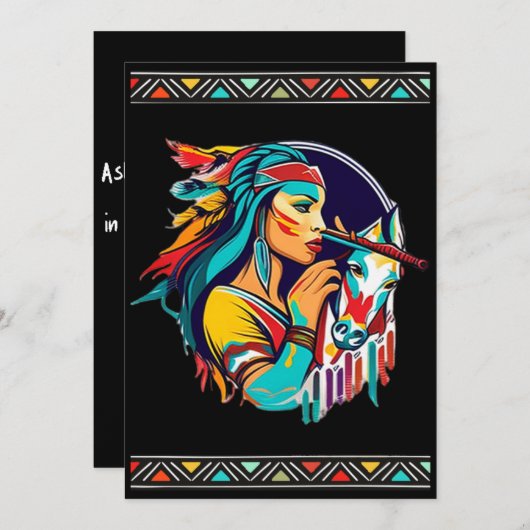 先住民の少女がフルートを演奏し馬がデザインされた招待状 招待状 (正面/裏面)