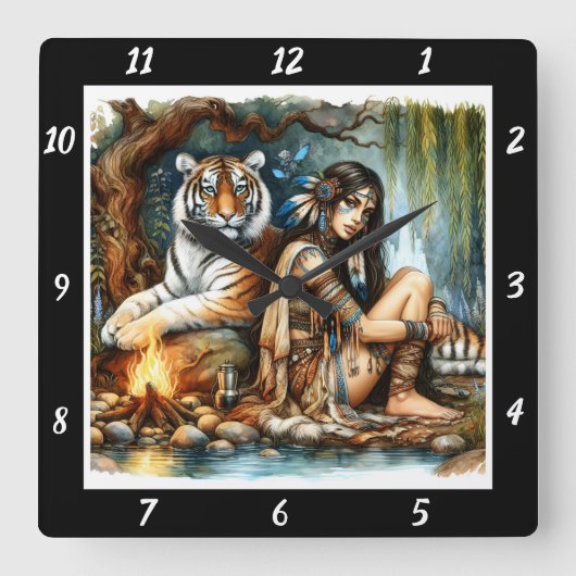 先住民の強さ:タイガーの森の深さ スクエア壁時計 (正面)