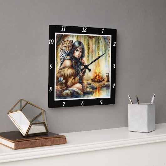 先住民の恵み:タイガーの手のストリームのダンス スクエア壁時計 (オフィス)