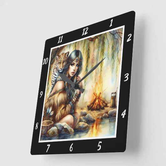 先住民の恵み:タイガーの手のストリームのダンス スクエア壁時計 (傾斜)
