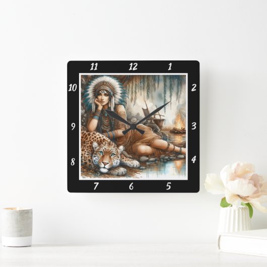 先住民の旅:タイガーのハート隠しパス スクエア壁時計 (ホーム)
