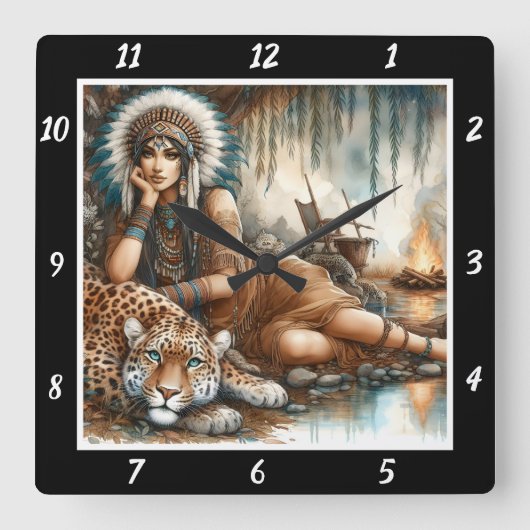 先住民の旅:タイガーのハート隠しパス スクエア壁時計 (正面)