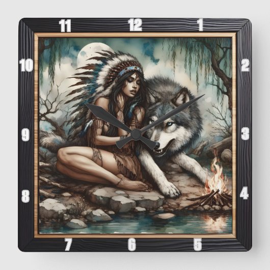 先住民の旅:マウンテンエア夕べドリーム スクエア壁時計 (正面)