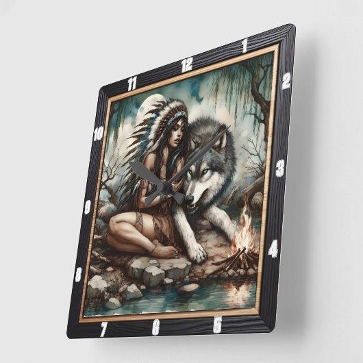 先住民の旅:マウンテンエア夕べドリーム スクエア壁時計 (傾斜)