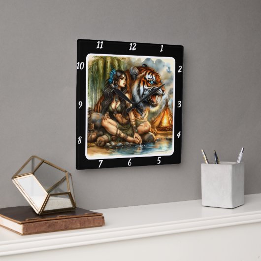 先住民の旅:隠れパスタイガーのハート スクエア壁時計 (オフィス)