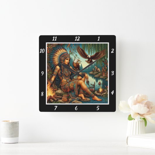 先住民の日の出:イーグルのコールフォレストの光 スクエア壁時計 (ホーム)