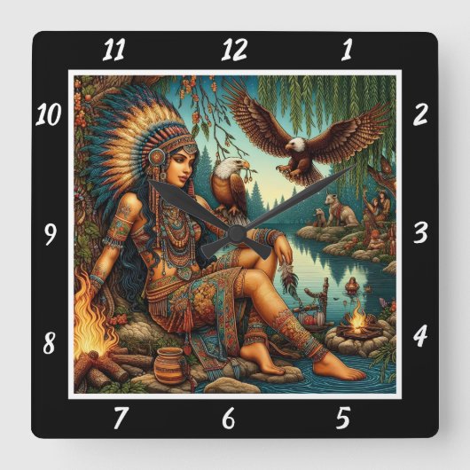 先住民の日の出:イーグルのコールフォレストの光 スクエア壁時計 (正面)