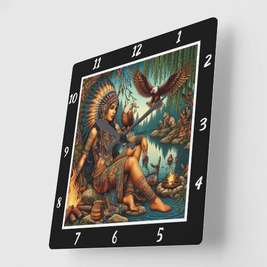 先住民の日の出:イーグルのコールフォレストの光 スクエア壁時計 (傾斜)