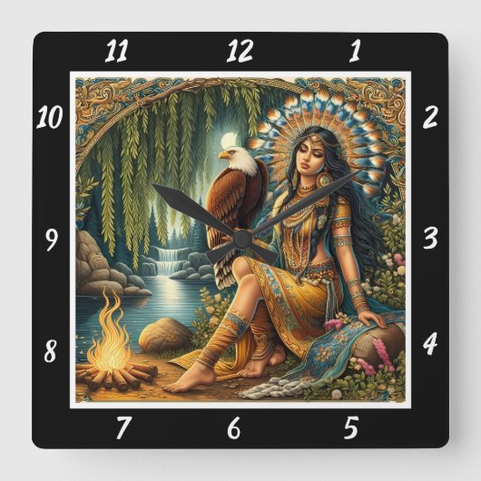 先住民の朝:イーグルの森の露 スクエア壁時計 (正面)