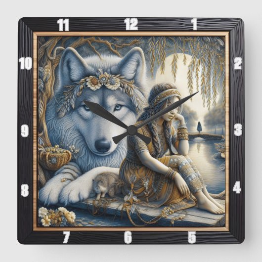 先住民の歌:古代を通じて風 スクエア壁時計 (正面)