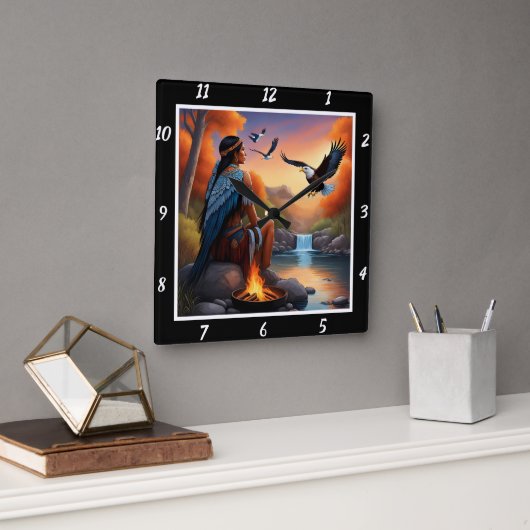 先住民の流れ:イーグルのダイビングリバーズグレーム スクエア壁時計 (オフィス)