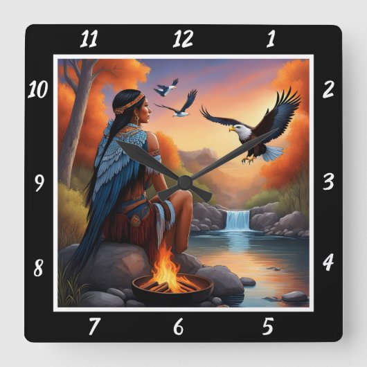 先住民の流れ:イーグルのダイビングリバーズグレーム スクエア壁時計 (正面)