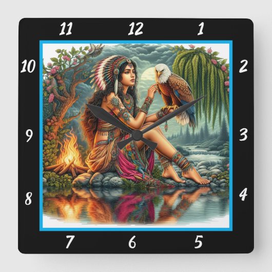 先住民の流れ：イーグルのダイビングリバーズロール スクエア壁時計 (正面)