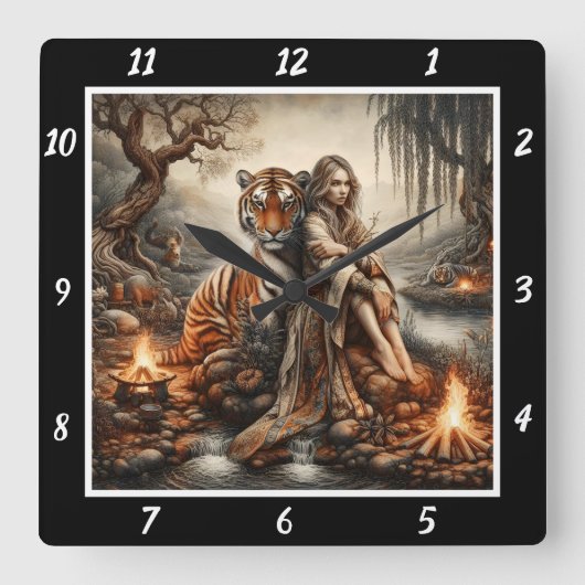 先住民の目覚め:タイガーの轟音の森の光 スクエア壁時計 (正面)
