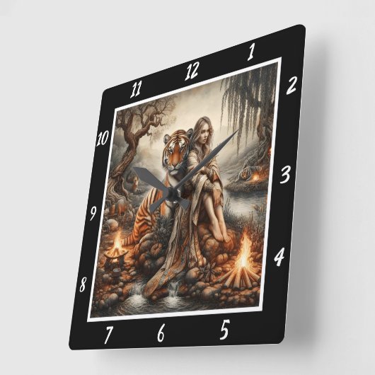 先住民の目覚め:タイガーの轟音の森の光 スクエア壁時計 (傾斜)