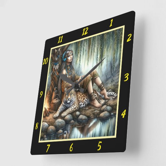 先住民の知恵:タイガーの轟音の山のピーク スクエア壁時計 (傾斜)