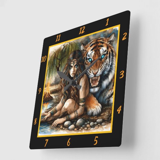 先住民の秘密:タイガーのウィスパーズムーンズグロー スクエア壁時計 (傾斜)