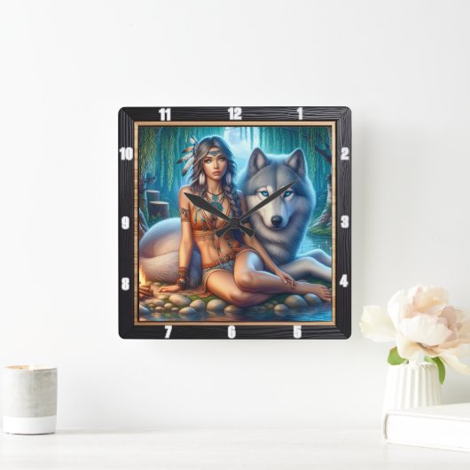 先住民の穏やかな:森林の床の朝露 スクエア壁時計 (ホーム)