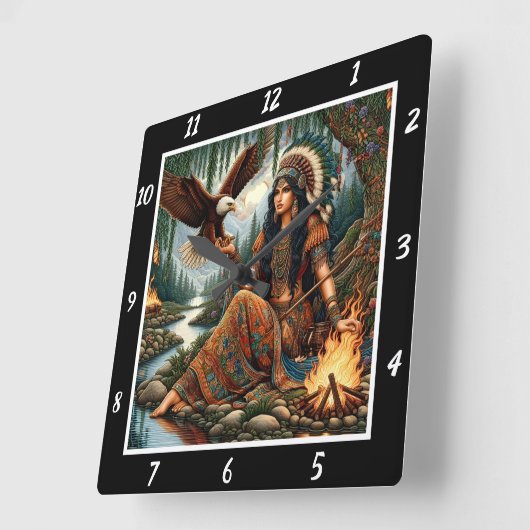 先住民の空:イーグルの旅の山のビスタ スクエア壁時計 (傾斜)