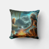 先住民の米国人女性が狼と戦う クッション (正面)