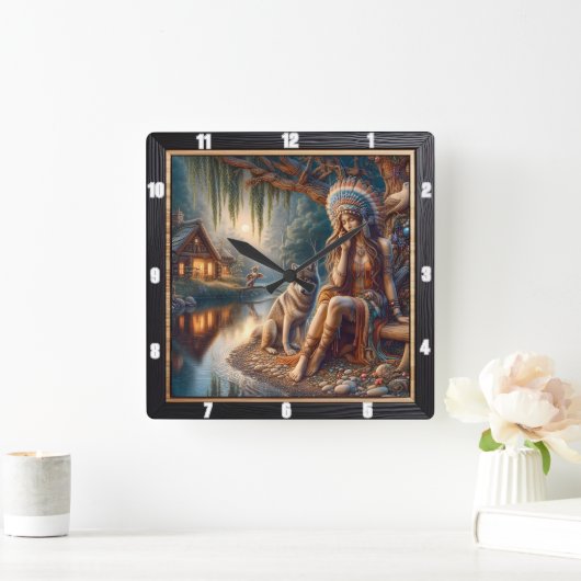 先住民の聖域:川の流れの朝の光 スクエア壁時計 (ホーム)